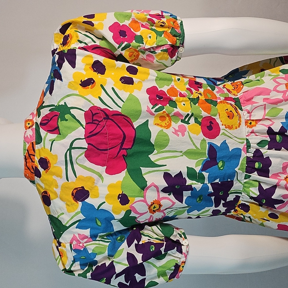J. Crew 100% Cotton Vibrant Multi-Color Floral Puff Sleeve Ruffle Hem Dress - Picture 12 of 16